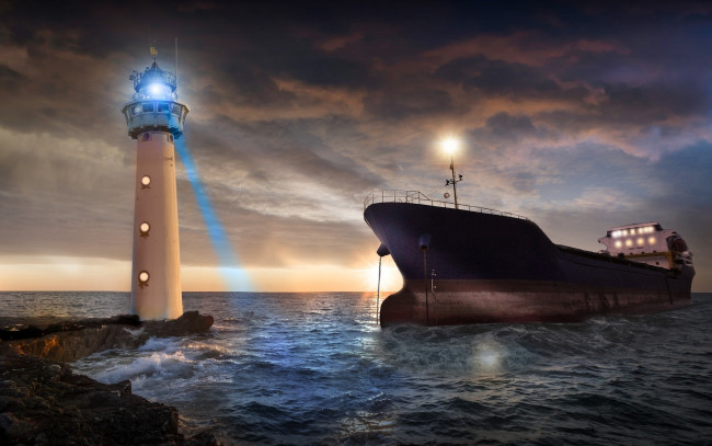 Обои картинки фото корабли, грузовые суда, маяк, судно, море, закат