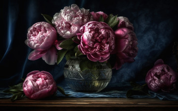 обоя рисованное, цветы, темный, фон, букет, розовые, пионы, пышные, махровые, ии-арт