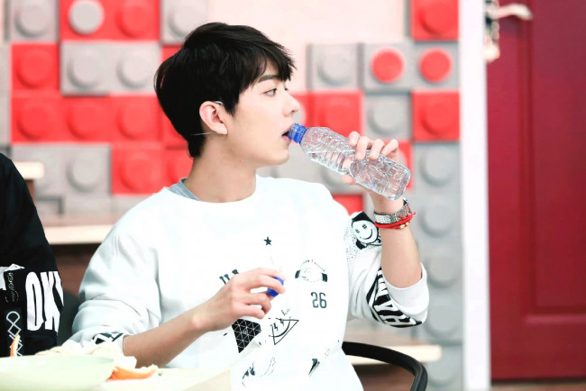Обои картинки фото мужчины, xiao zhan, актер, свитер, бутылка, вода