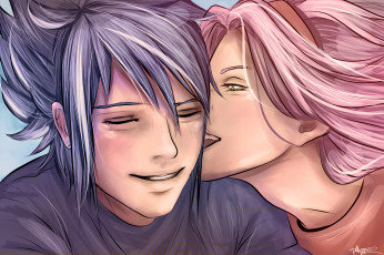 Картинка аниме naruto улыбка брюнет пара девушка парень харуно поцелуй учиха сакура саске наруто арт