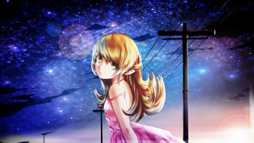 Картинка аниме bakemonogatari улица звезды ночь взгляд oshino shinobu девушка lawliert art платье провода столб