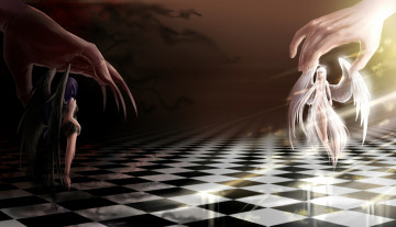 Картинка аниме -angels+&+demons шахматная доска демон руки ангел