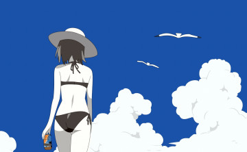 Картинка аниме naruto небо девушка сакура лето шляпа спина облака банка птицы