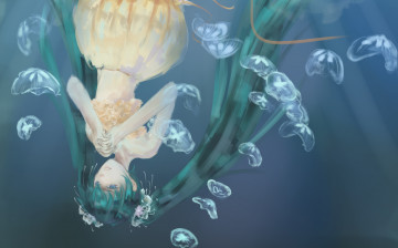 Картинка vocaloid аниме зеленые волосы вода медузы девушка hatsune miku