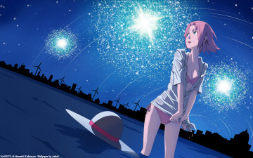 Картинка аниме naruto наруто сакура харуно фейерверки ночь небо вода шляпа звёзды рубашка купальник лето девушка