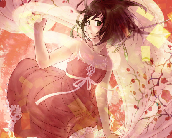 Обои картинки фото bakemonogatari, аниме, арт, kisaragi, yukiemirio, платье, шаль, девушка, sengoku, nadeko, цветы, лента