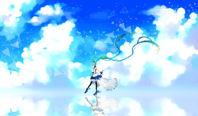 Обои картинки фото vocaloid, аниме, улыбка, облака, небо, отражение, 7th, dragon, cu, riyan, арт, девушка, hatsune, miku