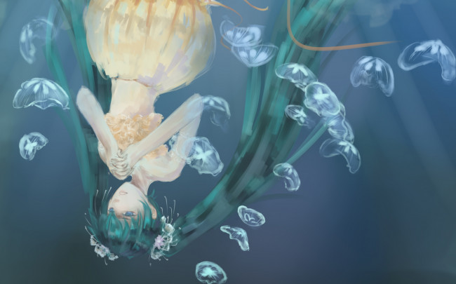 Обои картинки фото vocaloid, аниме, зеленые, волосы, вода, медузы, девушка, hatsune, miku