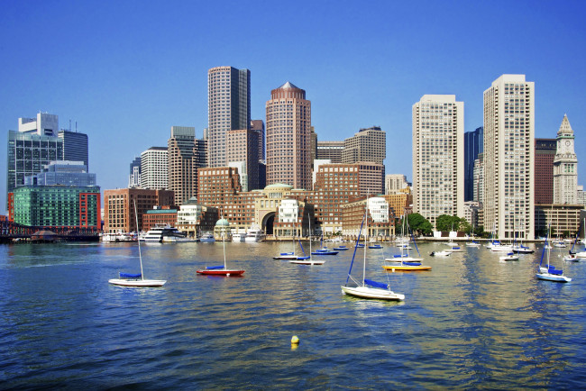 Обои картинки фото бостон, города, бостон , сша, река, небоскребы, яхты