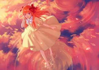 Картинка аниме gekkan+shoujo+nozaki-kun облака небо улыбка отражение вода девушка sakura chiyo cotta арт gekkan shoujo nozaki-kun