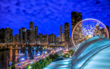 Картинка города Чикаго+ сша lake michigan иллинойс озеро chicago navy pier illinois ночной город мичиган здания небоскрёбы военно-морской пирс набережная Чикаго