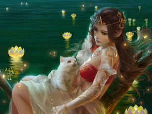 Картинка фэнтези девушки девушка котенок озеро лотос
