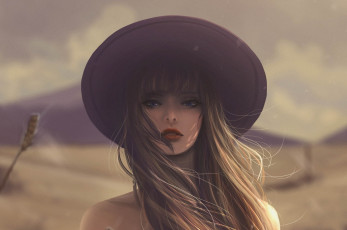 Картинка рисованное люди шляпа девушка jennyshiii лицо длинные волосы размытый фон art