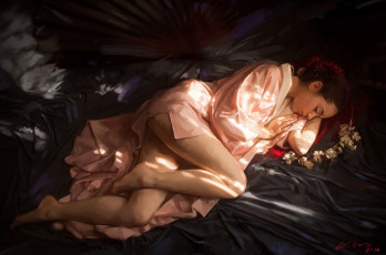 Картинка рисованное люди ноги халат постель kishore ghosh покрывало art розовый девушка сон