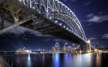 Картинка sydney города -+огни+ночного+города bridge мост австралия отражение ночь