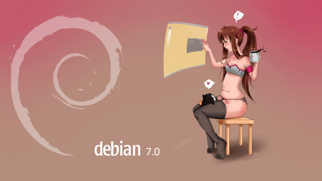 Обои картинки фото компьютеры, debian, логотип, фон, взгляд, девушка