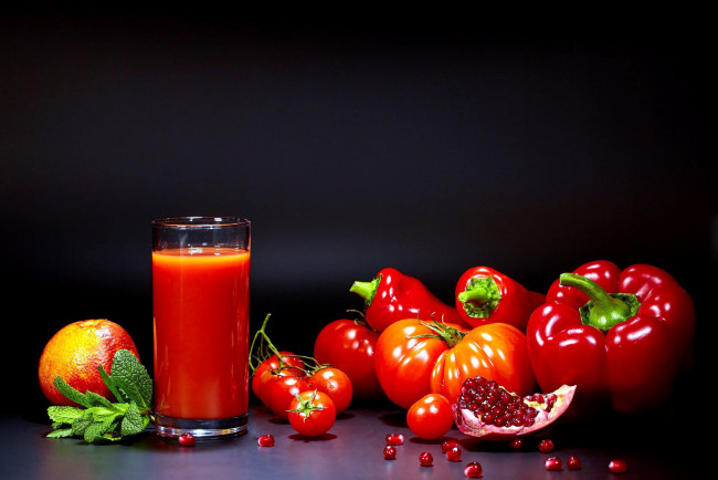 Обои картинки фото еда, фрукты и овощи вместе, черри, помидоры, сок, гранат, перец, алый, мята