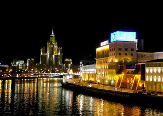 Картинка города москва+ россия здания река огни ночь
