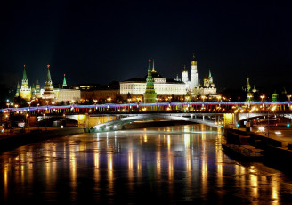 Картинка города москва+ россия кремль река мост огни