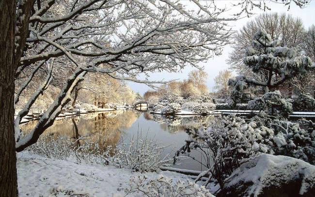 Обои картинки фото природа, реки, озера, деревья, река, мост, снег, зима