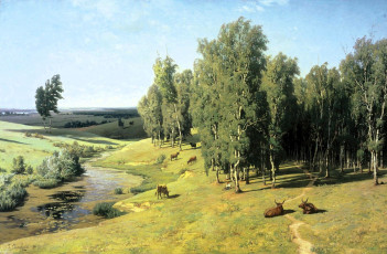 обоя рисованное, владимир орловский, коровы, луга, речка, лес