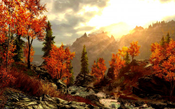 Картинка рисованные природа осень горы лес речка краски