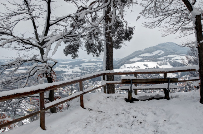 Обои картинки фото пейзаж, природа, зима, деревья, вид, с, верху, лавочка, снег