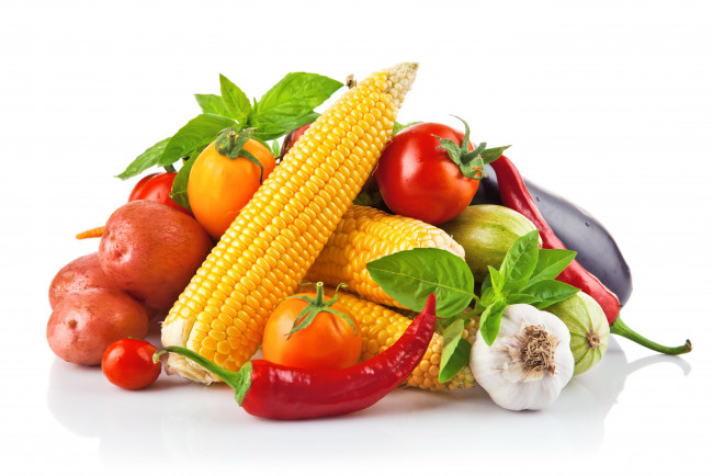 Обои картинки фото еда, овощи, кукуруза, помидоры, перец, чеснок, томаты
