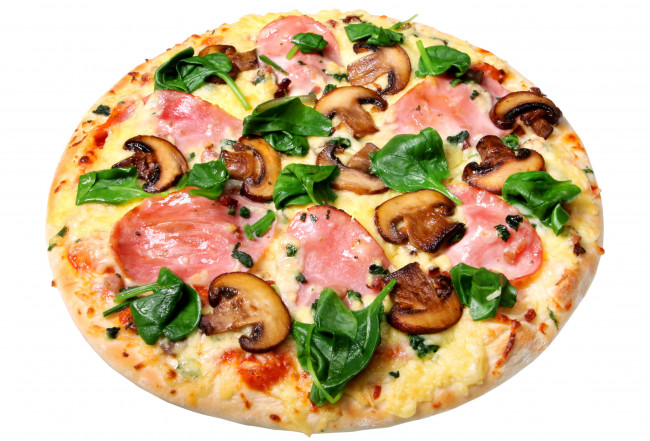 Обои картинки фото еда, пицца, шампиньоны, ветчина, базилик