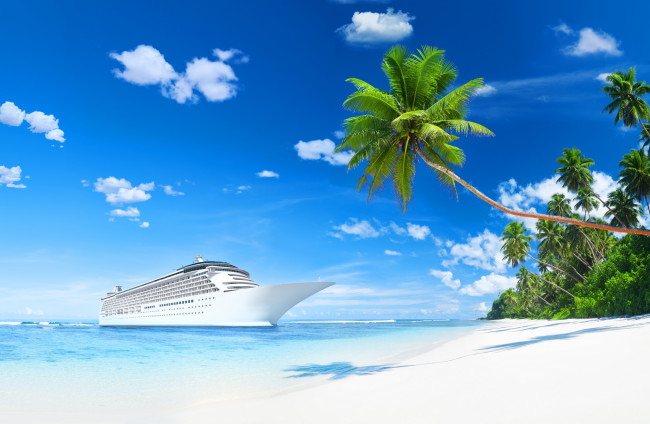 Обои картинки фото корабли, лайнеры, солнце, песок, берег, пляж, тропики, пальмы, океан, море