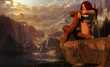 Картинка 3д+графика амазонки+ amazon девушка взгляд фон оружие горы