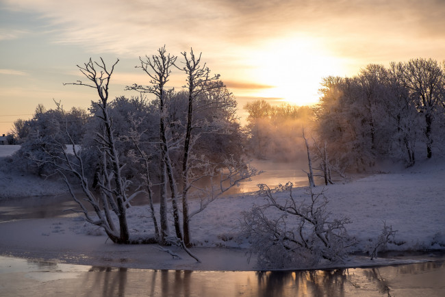 Обои картинки фото природа, зима, утро, река