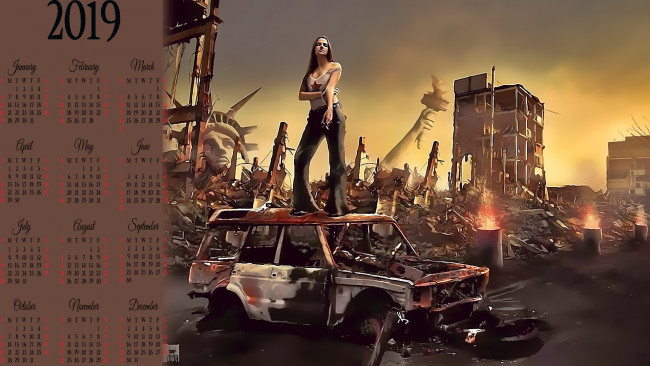 Обои картинки фото календари, фэнтези, девушка, катастрофа, апокалипсис, машина, развалины