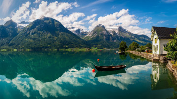 Картинка корабли лодки +шлюпки горы озеро лодка отражение