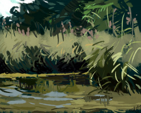 Картинка рисованное природа озеро трава