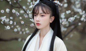 обоя девушки, - азиатки, лицо, кимоно, дерево, цветение