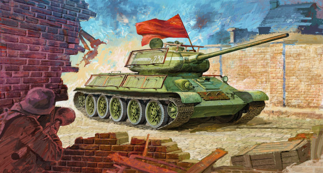 Обои картинки фото рисованные, армия, красное, знамя, танк