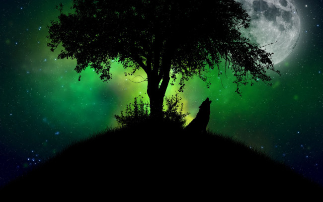 Обои картинки фото рисованные, животные, волки, дерево, ночь, луна
