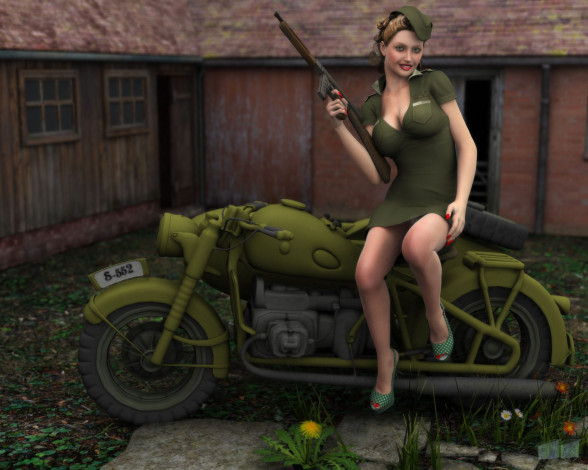 Обои картинки фото мотоциклы, мото, девушкой, левушка, оружие, мотоцикл