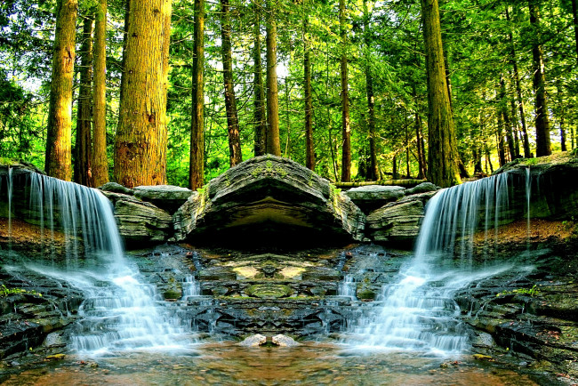 Обои картинки фото природа, водопады, лес, река, обрыв, водопад