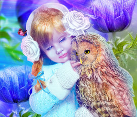 Картинка фэнтези фотоарт сова девочка