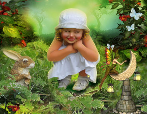 Картинка фэнтези фотоарт кролик фея лес девочка