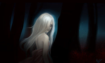 Картинка фэнтези девушки ночь взгляд лес листья волосы белые глаза