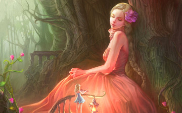 Картинка фэнтези девушки фонарь цветы фея лес девушка