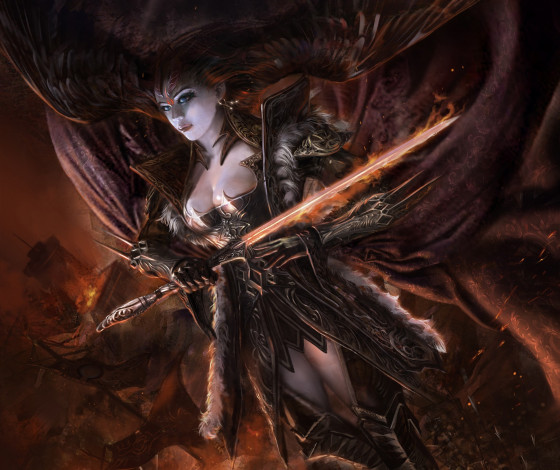Обои картинки фото видео игры, legend of the cryptids, воин, крылья, девушка, арт, меч, оружие