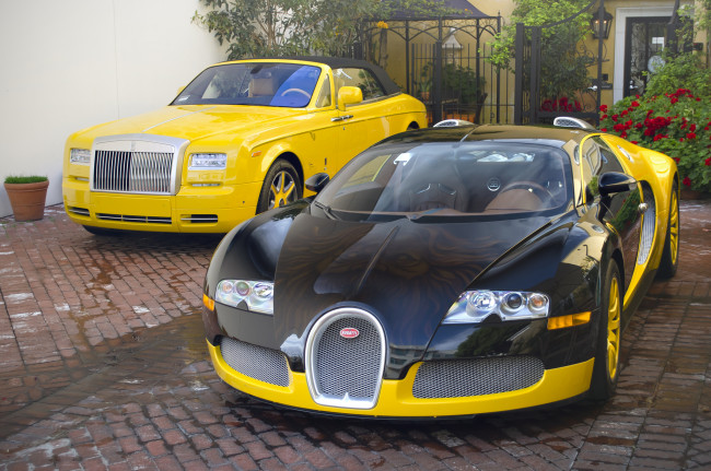 Обои картинки фото bijan bugatti veyron and rolls-royce phantom drophead coupe, автомобили, выставки и уличные фото, авто, особняк