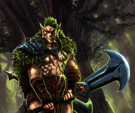 Картинка фэнтези существа парень эльф накидка воин оружие дерево champion moshyong арт