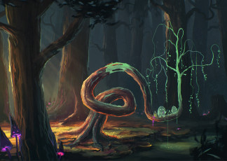 обоя фэнтези, призраки, арт, дух, лес, грибы, деревья