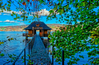 Картинка разное сооружения +постройки листья озеро лодочный домик природа