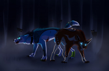 Картинка рисованное животные +волки волки ночь лес